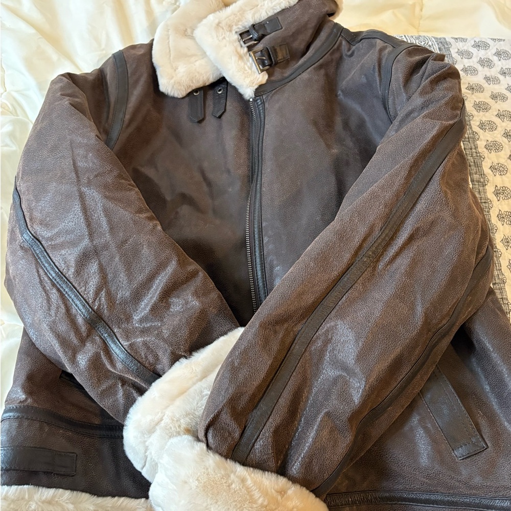St. John's Bay Dark Brown Aviator Jacket with Cream Trim